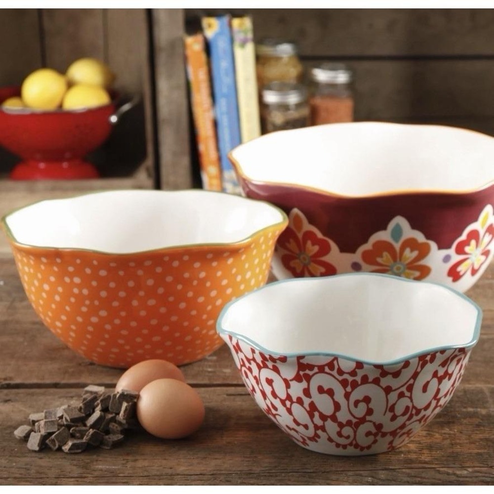 The Pioneer Woman Flea Market 3-Piece Nesting Stoneware Bowl Set Mixing Ceramic